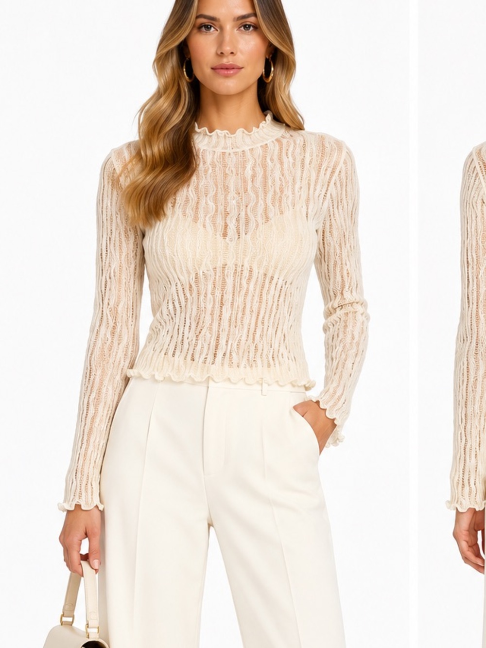 Ivory Sheer Open Knit Wavy Textured Long Sleeve Ruffle Trim Top